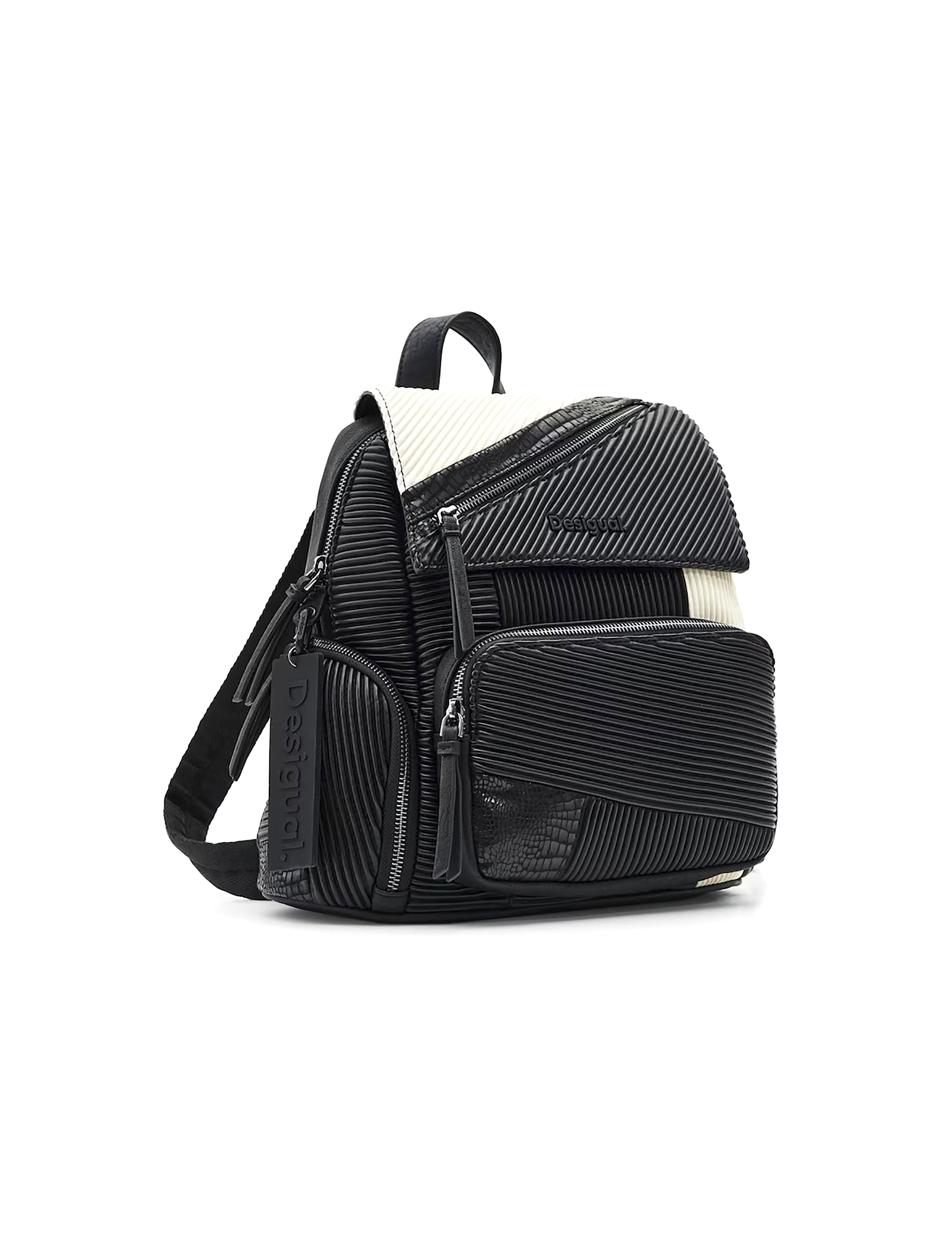 Desigual Zainetto Bianco E Nero Zaino Effetto Pelle Corsetto